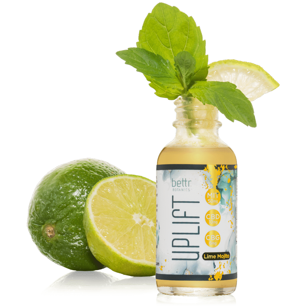 uplift kratom shot with lid off and mint and lime emerging for flavor