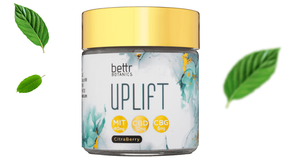 uplift kratom extract gummies jar with lid on and leaves floating